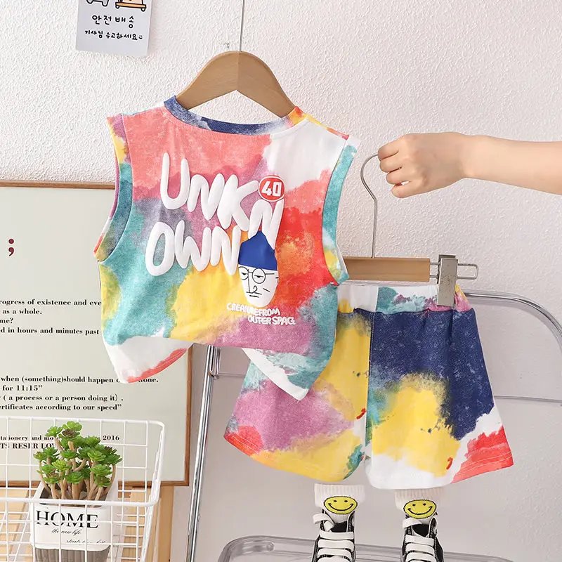 Summer Children Kid Boys Girls Cotton Clothes Full Printe Colorful Vest Shorts Toddler Clothing Baby Tracksuit Infant Casual Set