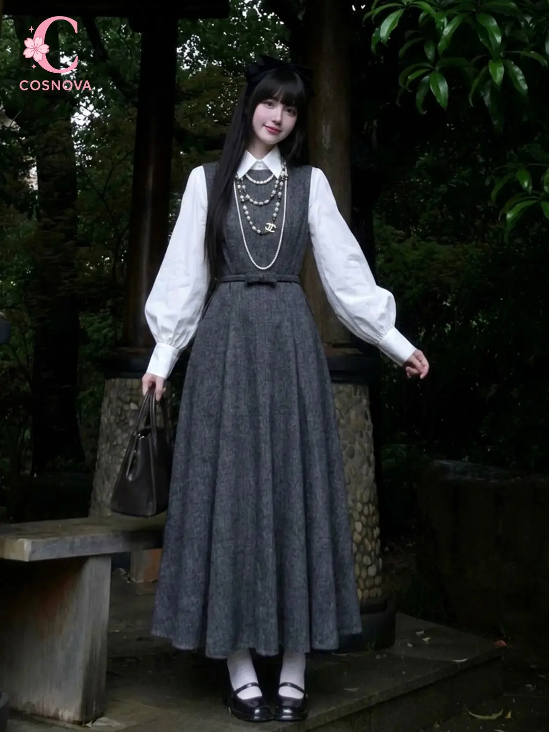 Korean Hepburn Style 2 Piece Dress Set Women Lantern Sleeve White Shirt Ruched Waist Slim Fit Sleeveless Long Dress Elegant Outf
