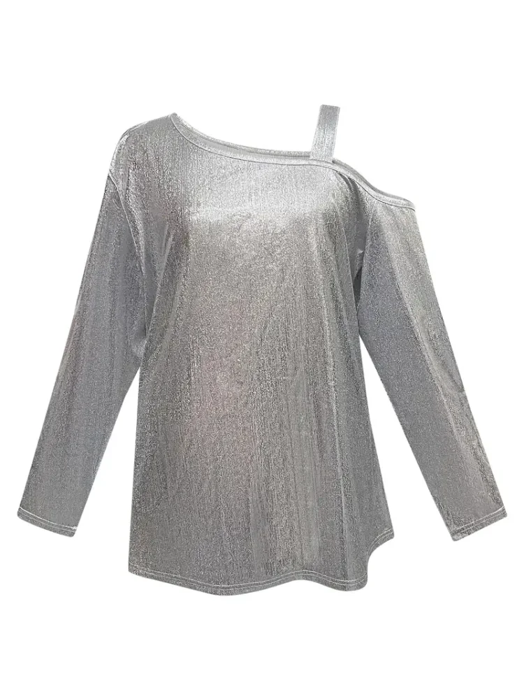 Plus Size Cold Shoulder T-Shirt Casual Sequin Long Sleeve T-Shirt Women\'s Plus Size Clothing