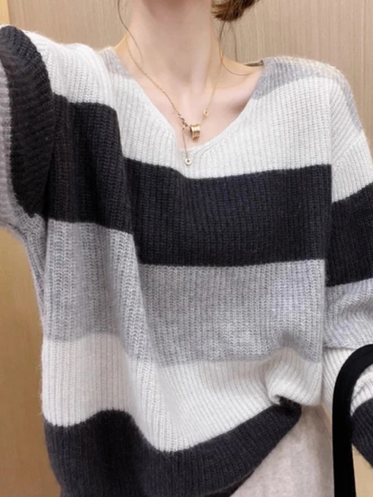 الكورية Sle كسول اللون بلو مخطط سترة صوفية أوائل الخريف Faion تصميم التخسيس العلوي محبوك أعلى المرأة Faion