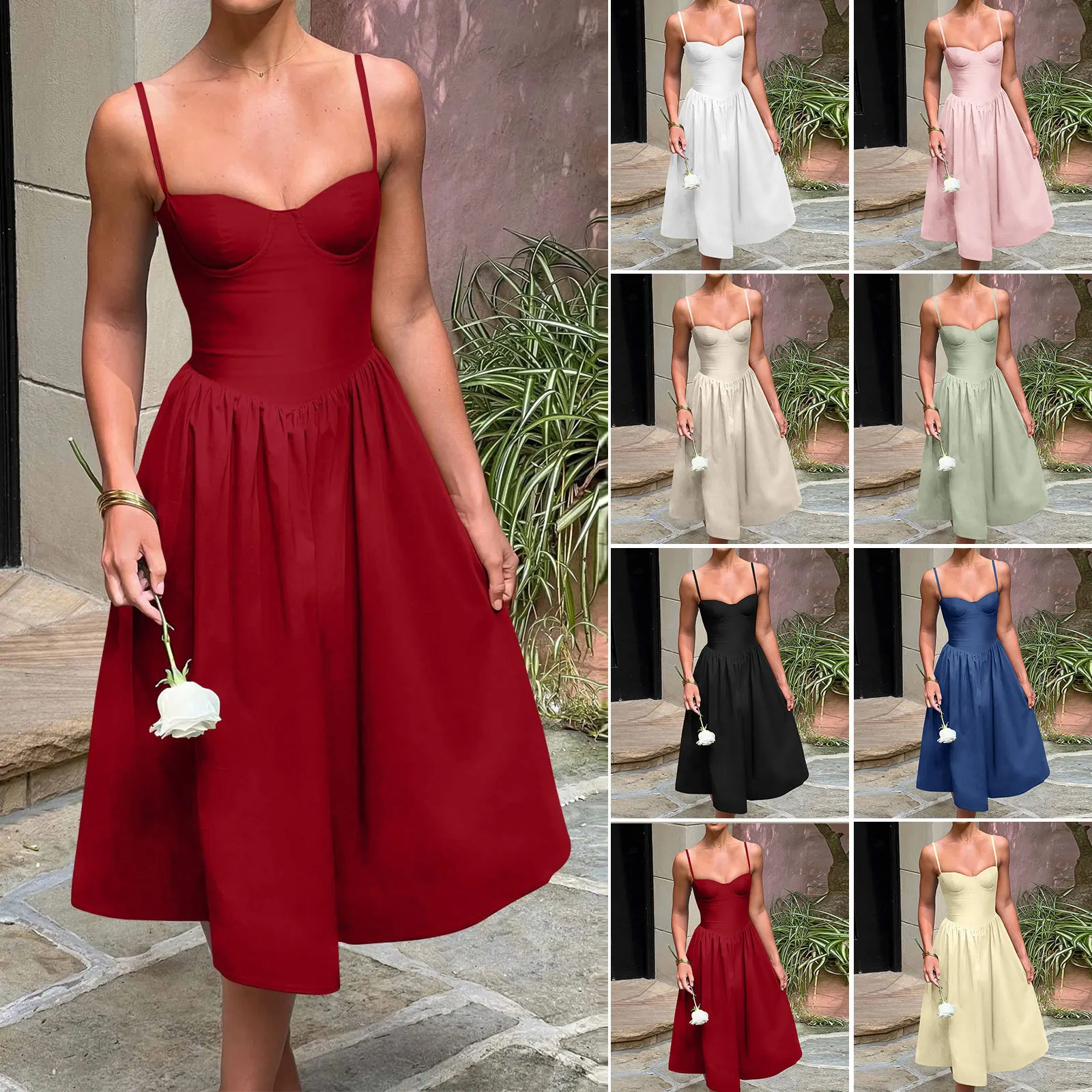 CPSYMYM 夏キャミソールドレスフレンチレトロロングドレスコートスタイルドーパミン着用スパゲッティストラップロングサスペンダードレス女性