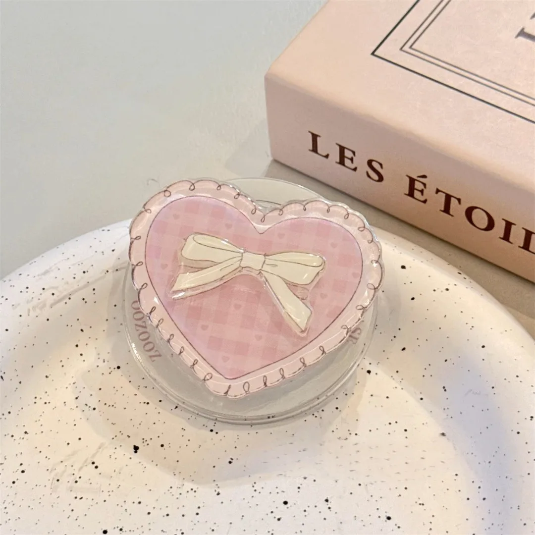 Korean Cute Grid Heart Bow For Magsafe Magnetic Phone Griptok Grip Tok Stand For iPhone 17 16 15 Wireless Charging Case Holder