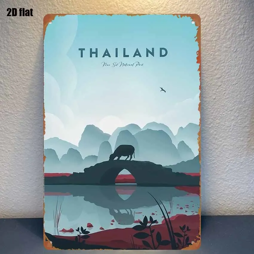 （2D Tin painting）1pc, Sign, Thai Landscape Painting - River and Bridge, Suitable for Bedroom, Bar, Garage, Garden, and Outdoo