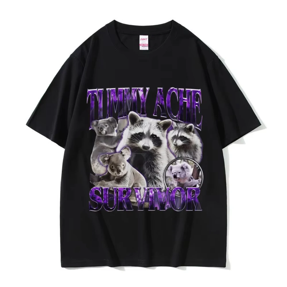 Tummy Ache Survivor Vintage Raccoon Funny Meme T-shirts Men's Women Casual Cotton Oversized Streetwear Male Vintage Short Sleeve