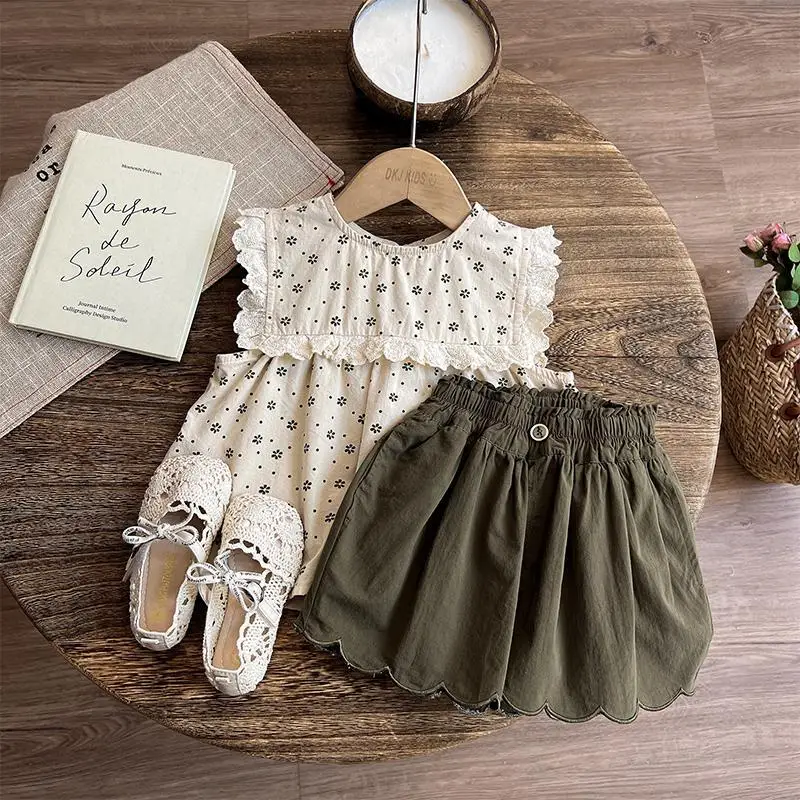 

2024 Summer New Girls pullovers Crew Neck Spliced Lace Hollow Out Printed Stylish Playful Loose sleeveless Elastic Shorts set