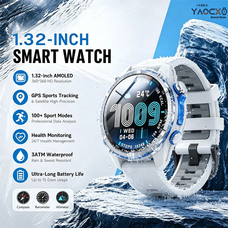 

2026New Outdoor Sports GPS Watch Men 3ATM Waterproof Altimeter Compass 1.32 AMOLED 540mAh Battery 100+ Modes Smart Watch Men