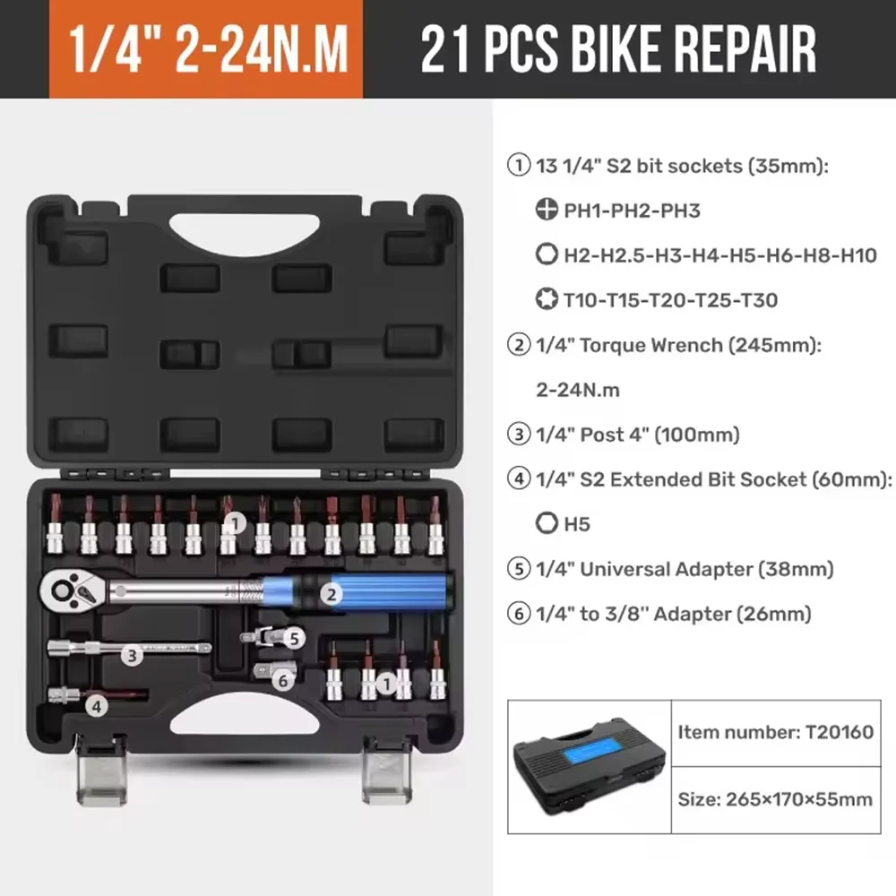 15/21-delige fiets momentsleutelset 1/4 inch aandrijving momentsleutel 2 tot 24 N.m auto motorfiets fiets reparatie gereedschapset