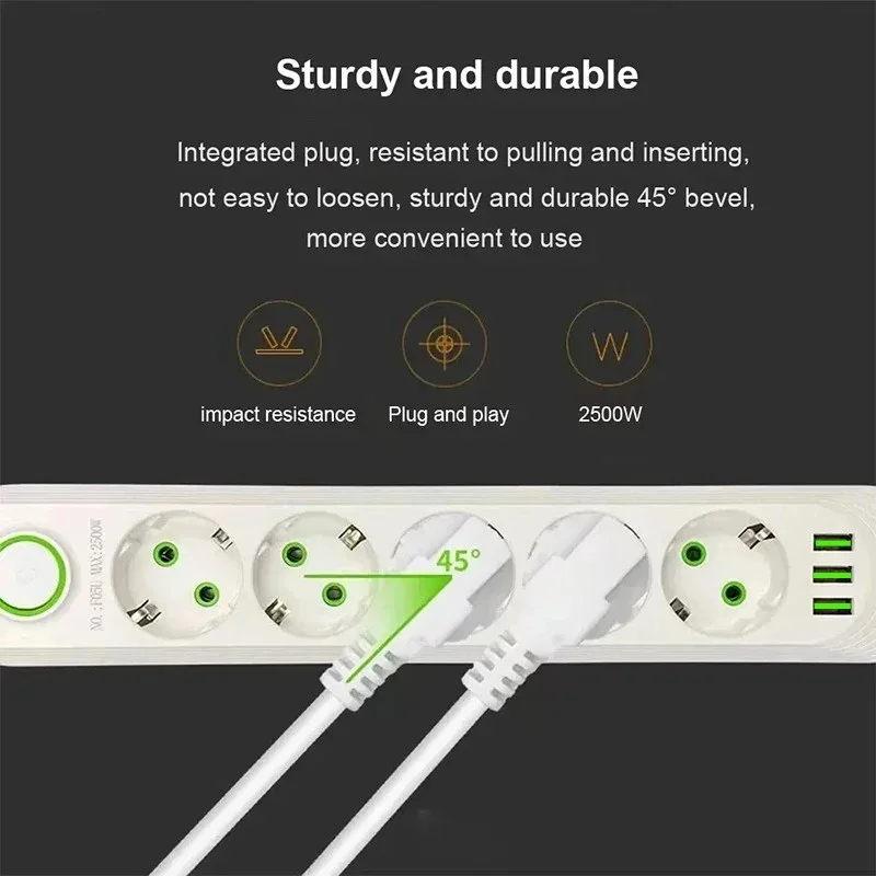 2500W EU Plug Power Strip 2m Extension Cord Electrical Socket Network Filter With USB Ports Fast Charging Home Office image 6