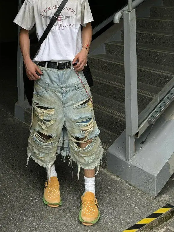 American Street Style West Coast Layered Wear Hole Seven-Foot Jeans Loose Fit Ripped Denim Jeans for Men And Women