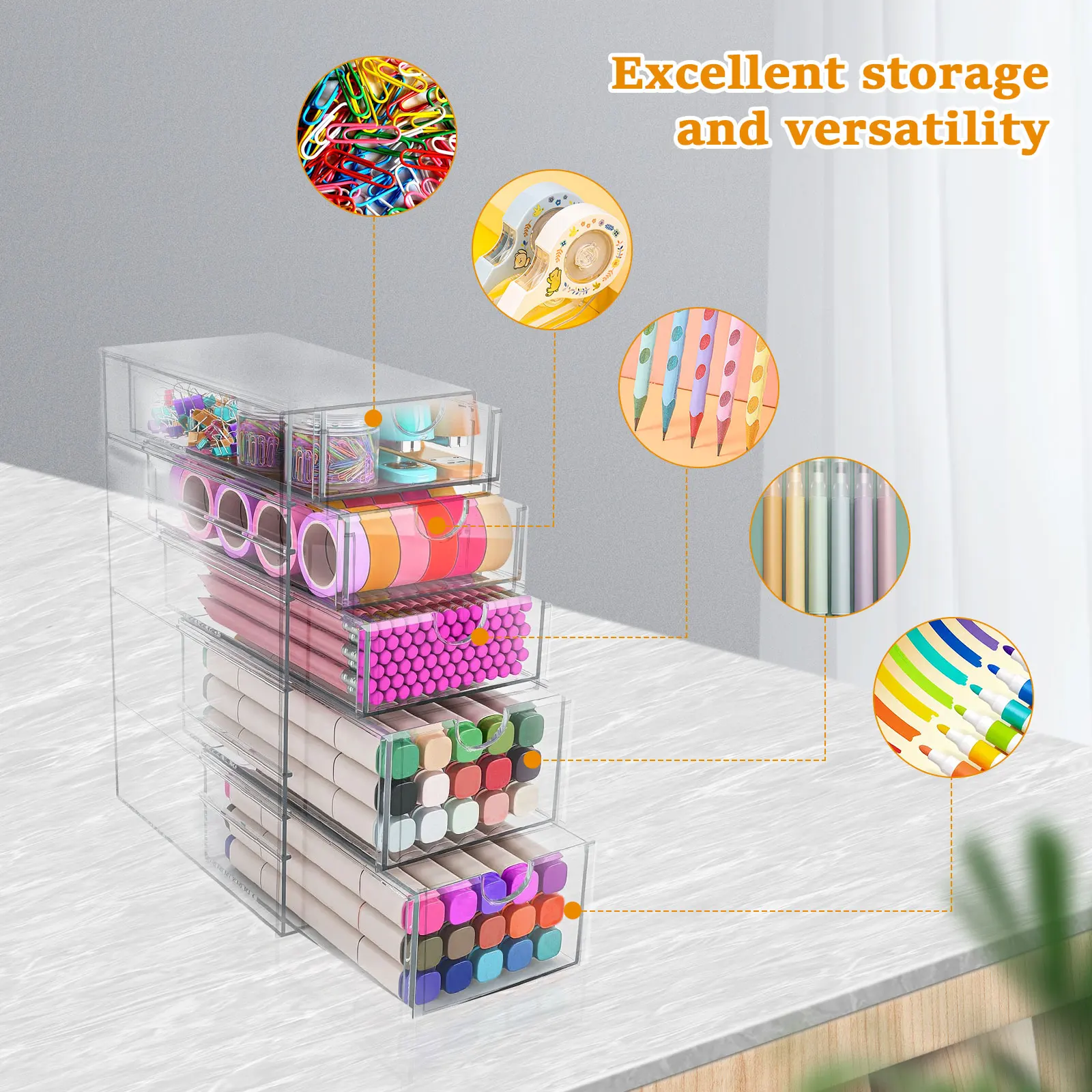 5 Tier Acrylic Drawer Organizer Clear Desk Organizer Drawers Stackable Makeup Hair Accessories Organizer with 5 Sliding Drawers