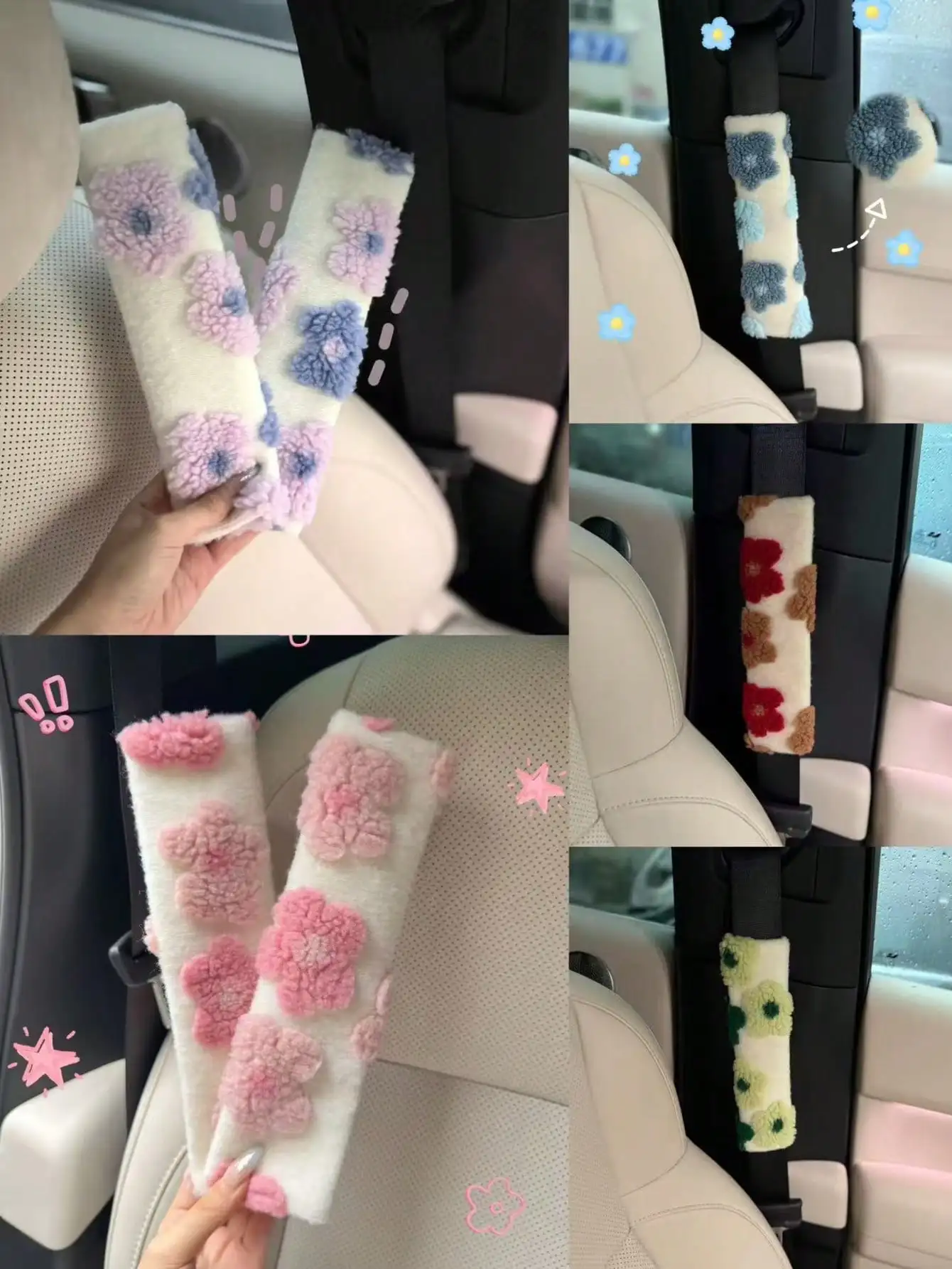 

Plush Floral Car Seat Belt Shoulder Pads, Soft Fuzzy Safety Strap Covers for Comfort