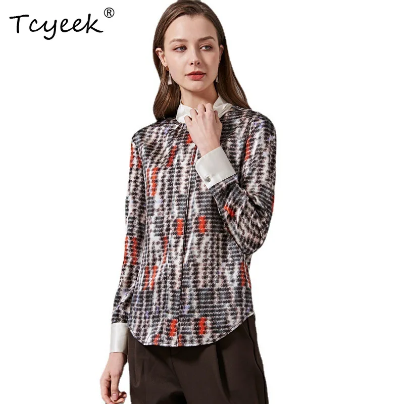 

Tcyeek, 92%Natural Silk Elegant Shirt, Women Long Sleeve Printed, Commute Vintage Blouses, 2024 Summer Autumn Tops T47439QM