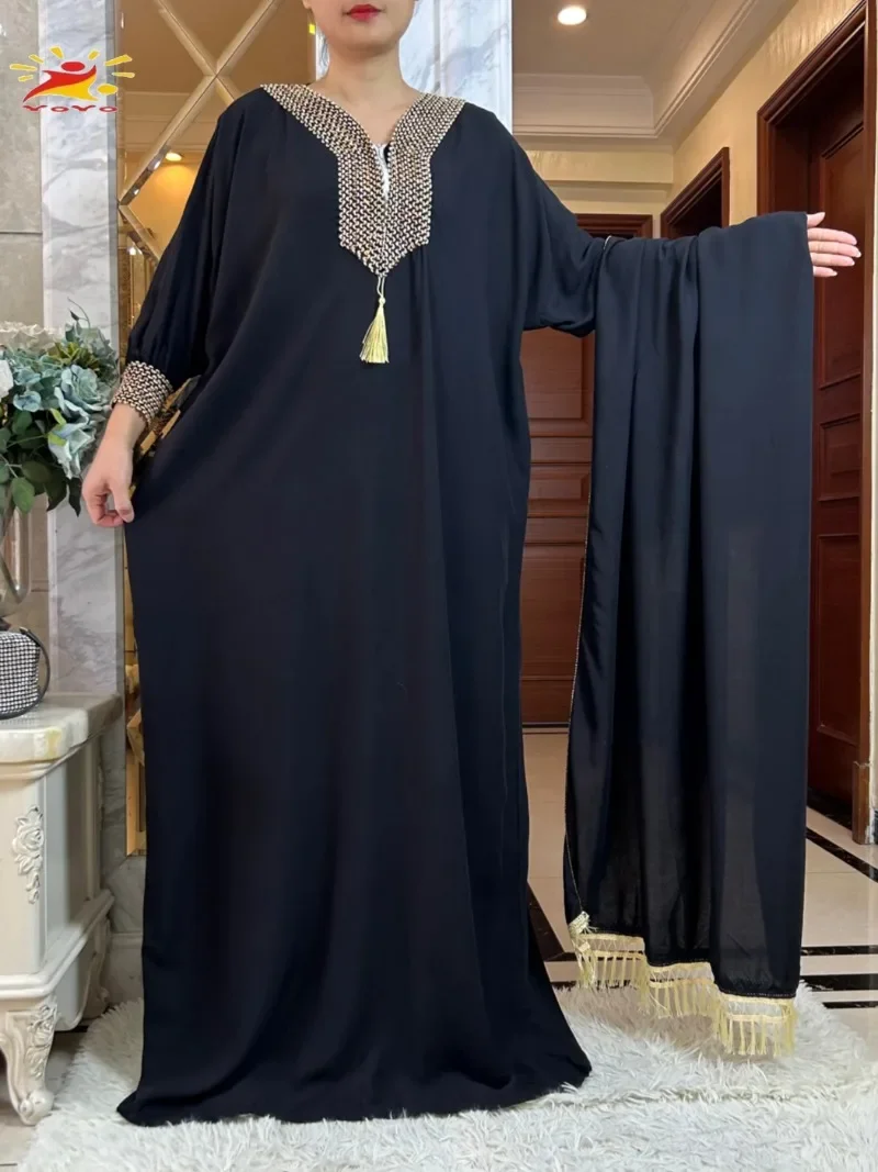 New Dubai Party Dress Muslim Femme  Long Sleeve Solid Color Cotton Fabric Loose Boubou Maxi Islam Women  African Abaya Clothing