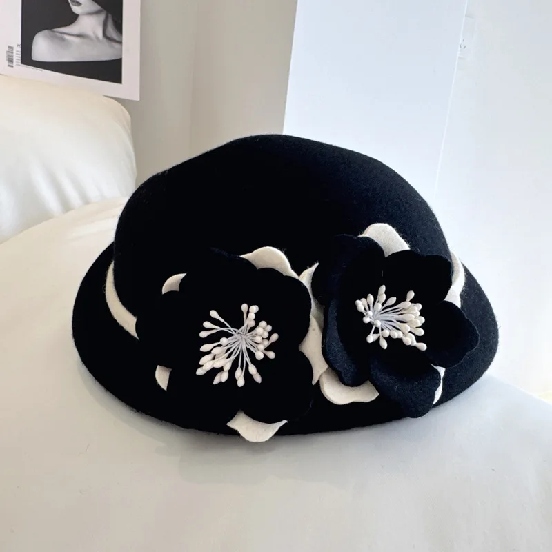 Small fragrant camellia beret High quality Australian wool felt hat Hepburn style elegant fashion hat