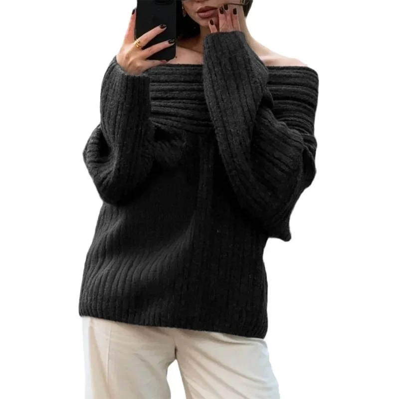 Women Fashion Sweater Fall 2024 Oversized Sexy Bias-Neck Pullovers Loose Thermal Knit Long Sleeve Casual Tops Elegant Party Wear