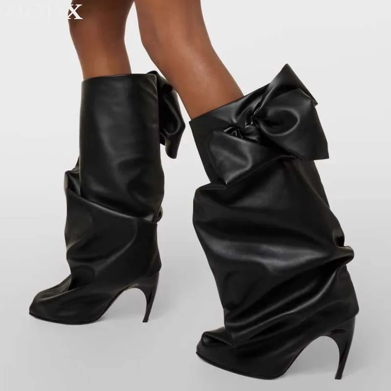 

New Strange Style Heel Pointed Toe Splicing Slip On Pleated Black Bowknot Trouser Tube Boots 2024 Fashion Long Women's Boots