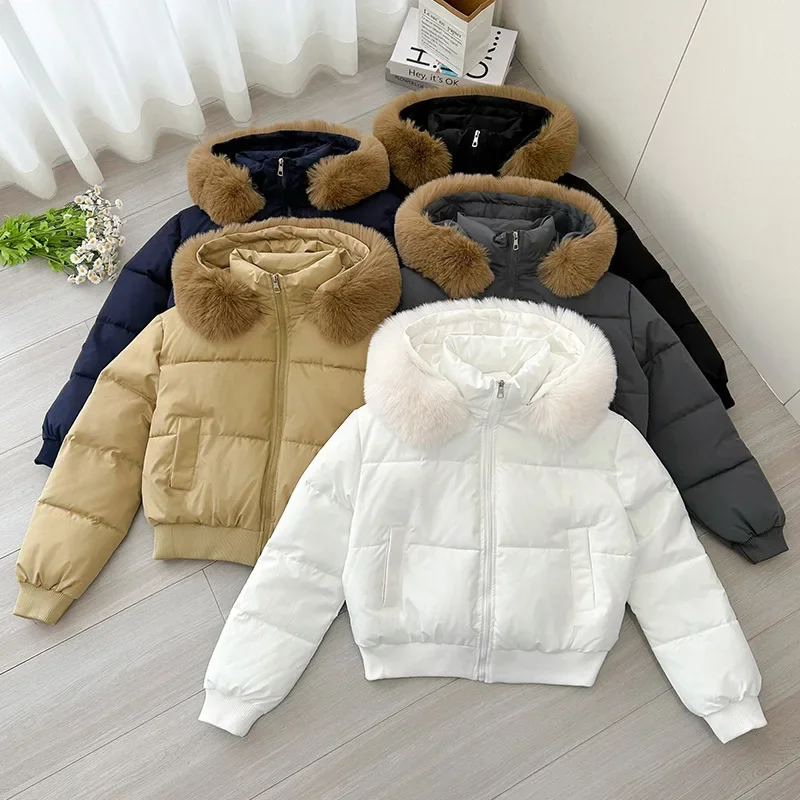 

Autumn Winter Thicken Fur Hooded Parka Outerwear Streetwear Big-Fur-collar Coat High-waist Cotton-padded Jacket Women's Parkas