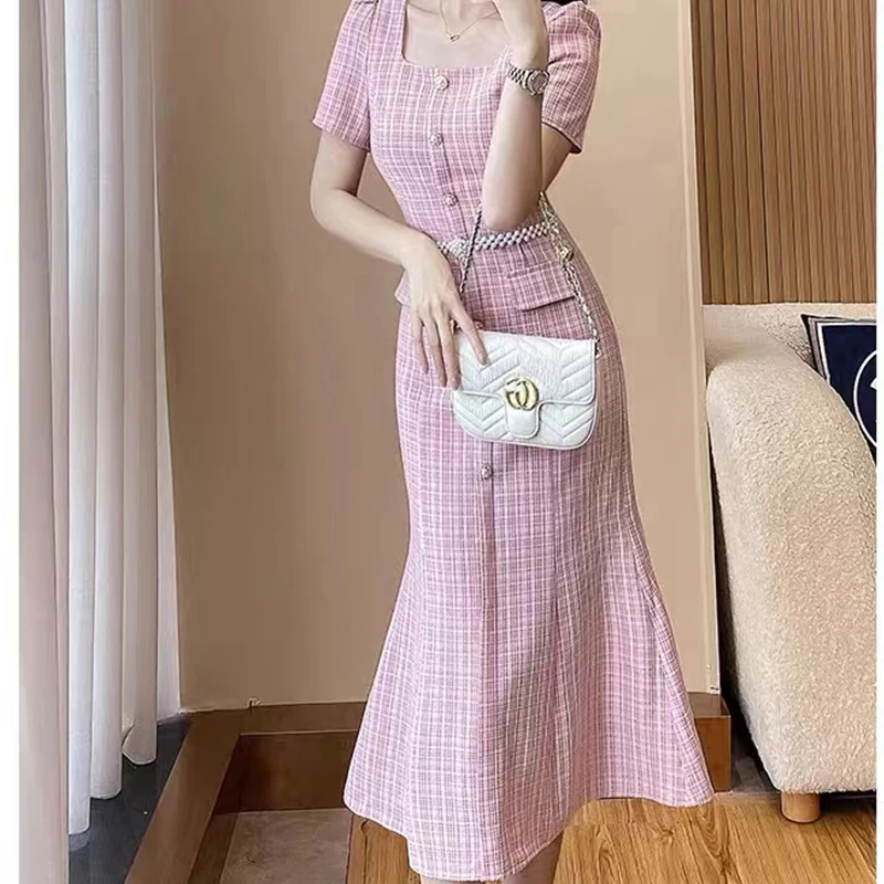 Early Autumn luxury long sleeve Square collar A-line Elegant Midi dress  High Street Fashion Commuting office ladies Long Dress