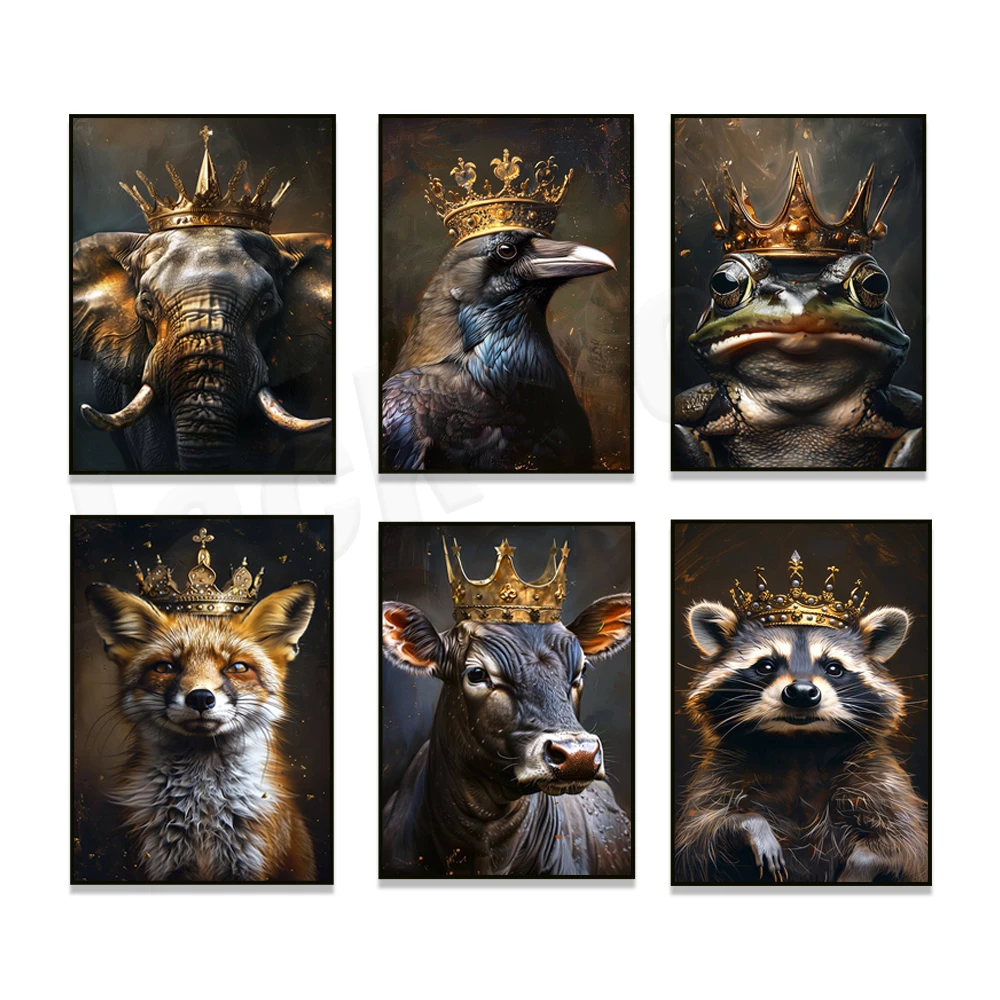 Elephant, cow, fox, giraffe hawk, raccoon, magpie, mouse, king lion crown animal portrait, victorian gothic animal vintage poste