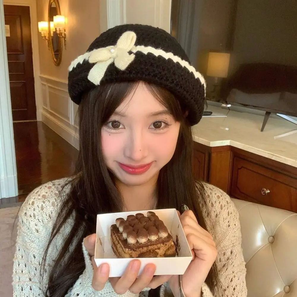 

Корейский стиль, вязаная крючком цветок, вязаная шапка ручной работы, ажурная шапка с цветочным плетением, милые теплые шапочки с бантом, аксессуары для одежды