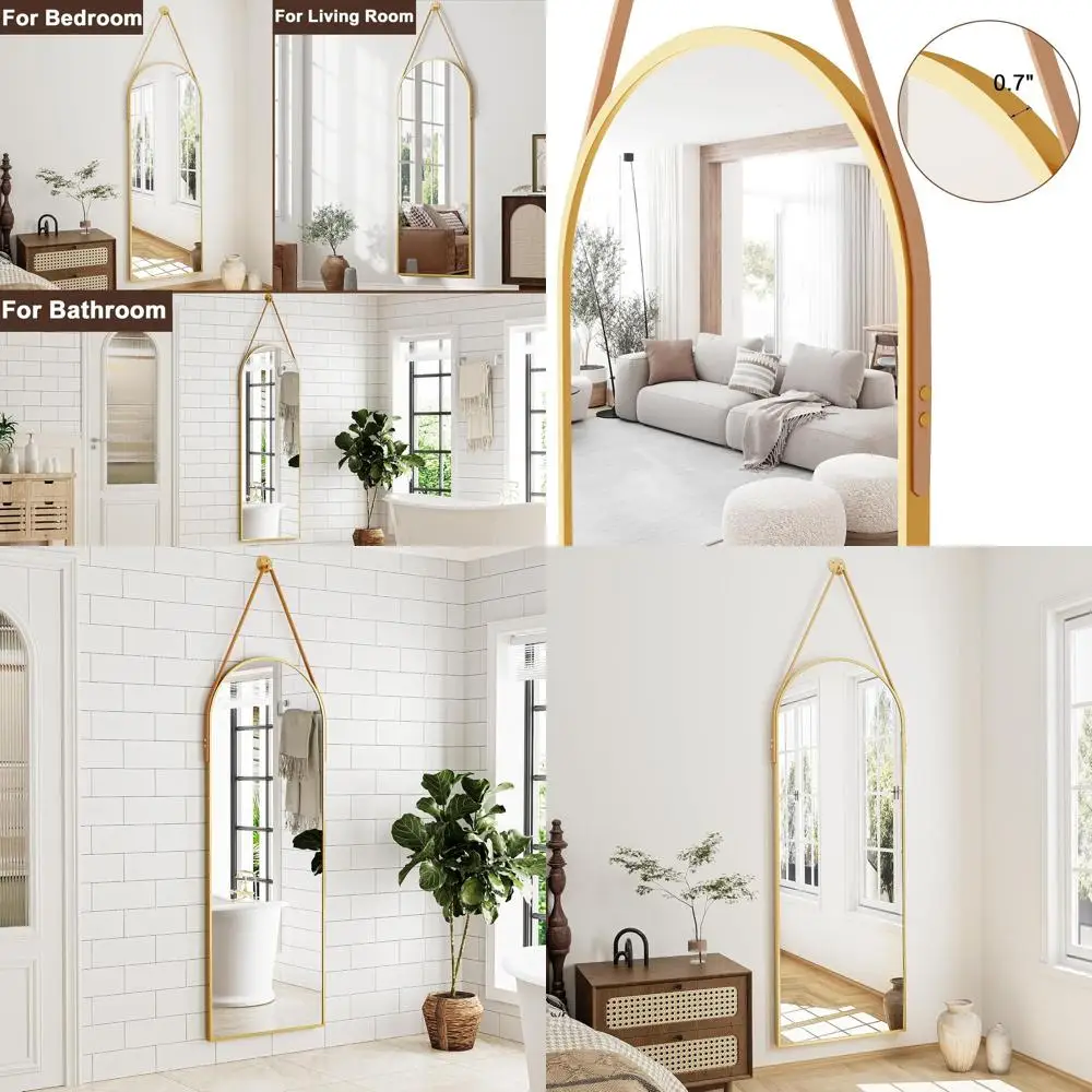

Arched Wall Mirror, 48x16 with Leather Hanging Strap, Suitable for Door, Bathroom, Living Room, and Entryway (Gold)