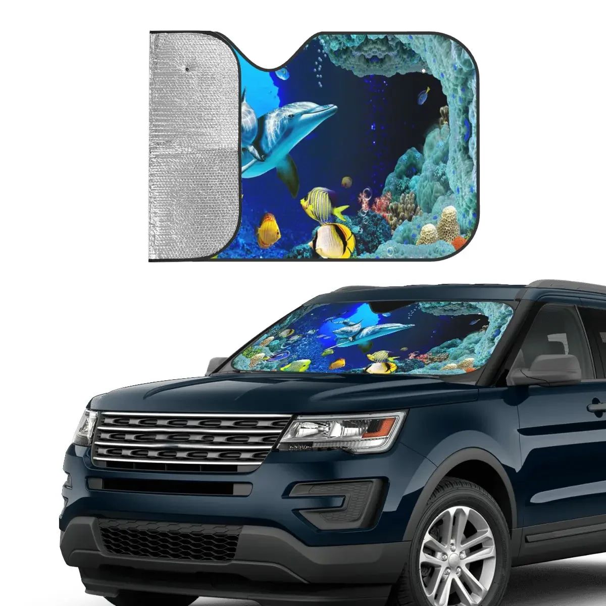 Dolphin Deep Ocean Seabed Sunshade, pára-brisas, animais fofos, pára-brisa dianteiro do carro, 70x130cm Sun Visor, refletor de calor