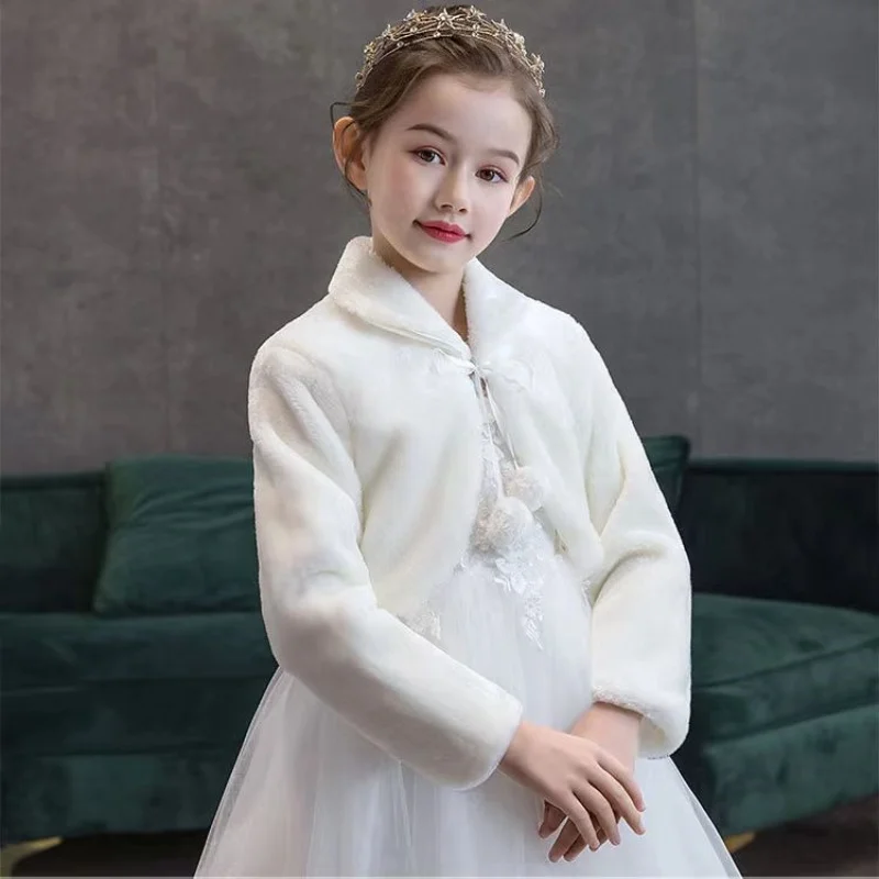 سترات قطيفة للأميرة للفتيات معاطف سميكة لحفلات الزفاف وأعياد الميلاد للأطفال شال أبيض جديد ملابس دافئة بأكمام طويلة