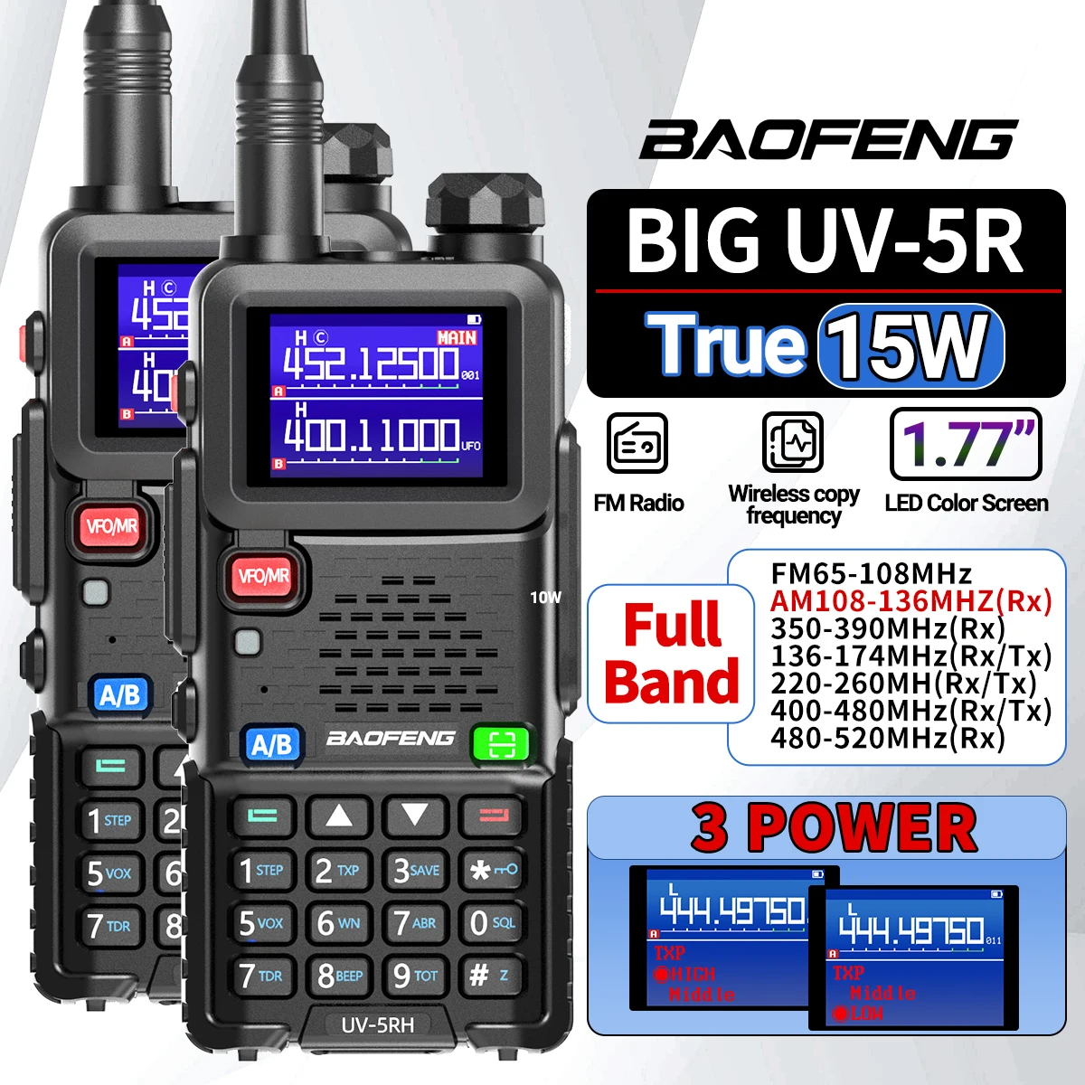 UV-5RH 프로 맥스 에어 밴드 워키토키, 무선 복사 주파수, 999CH C타입 NOAA 장거리 바오펑 UV-5R K5 햄 라디오, 15W, 2 개 