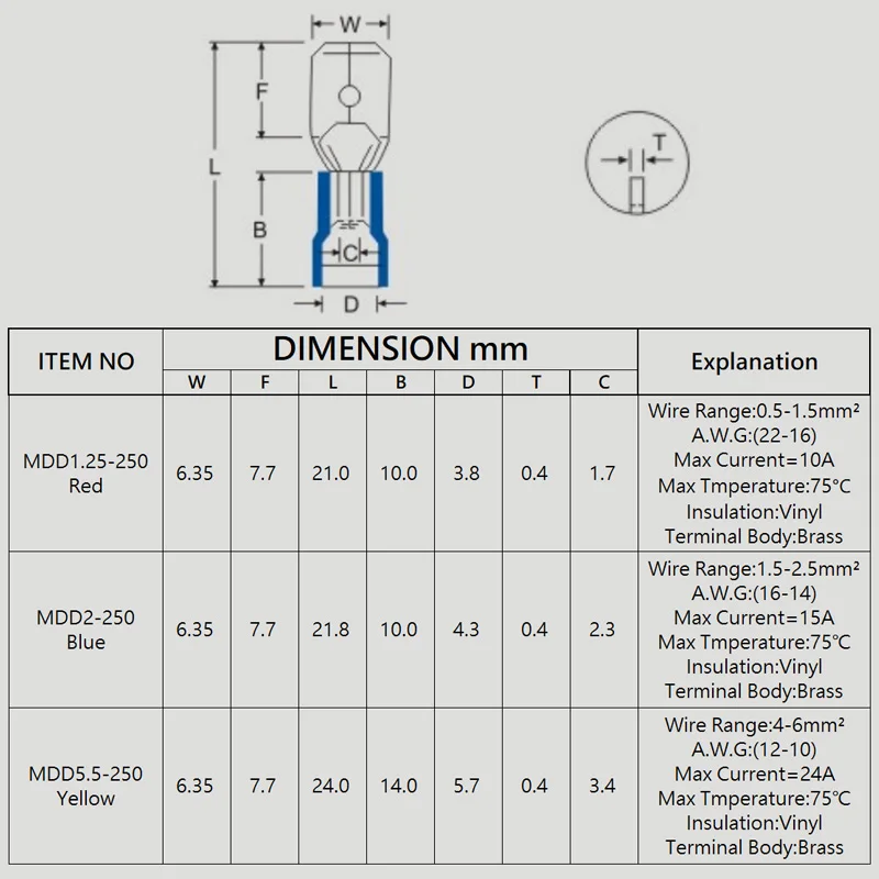 30-500PCS Fully Insulated Male Female Wire Connectors 6.3mm  MDD/FDFD1.25/2/5.5 Quick Disconect Spade Electrical Crimp Terminals