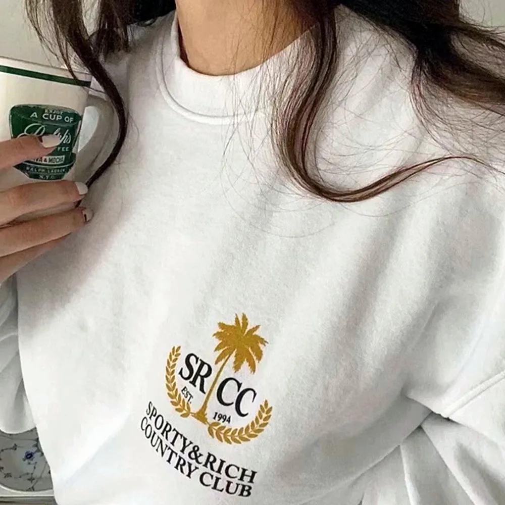 American Vintage Style Country Club Pocket Printing White T Shirts Women Summer Short Sleeve Loose Cotton 90\'s Aesthetic Tees