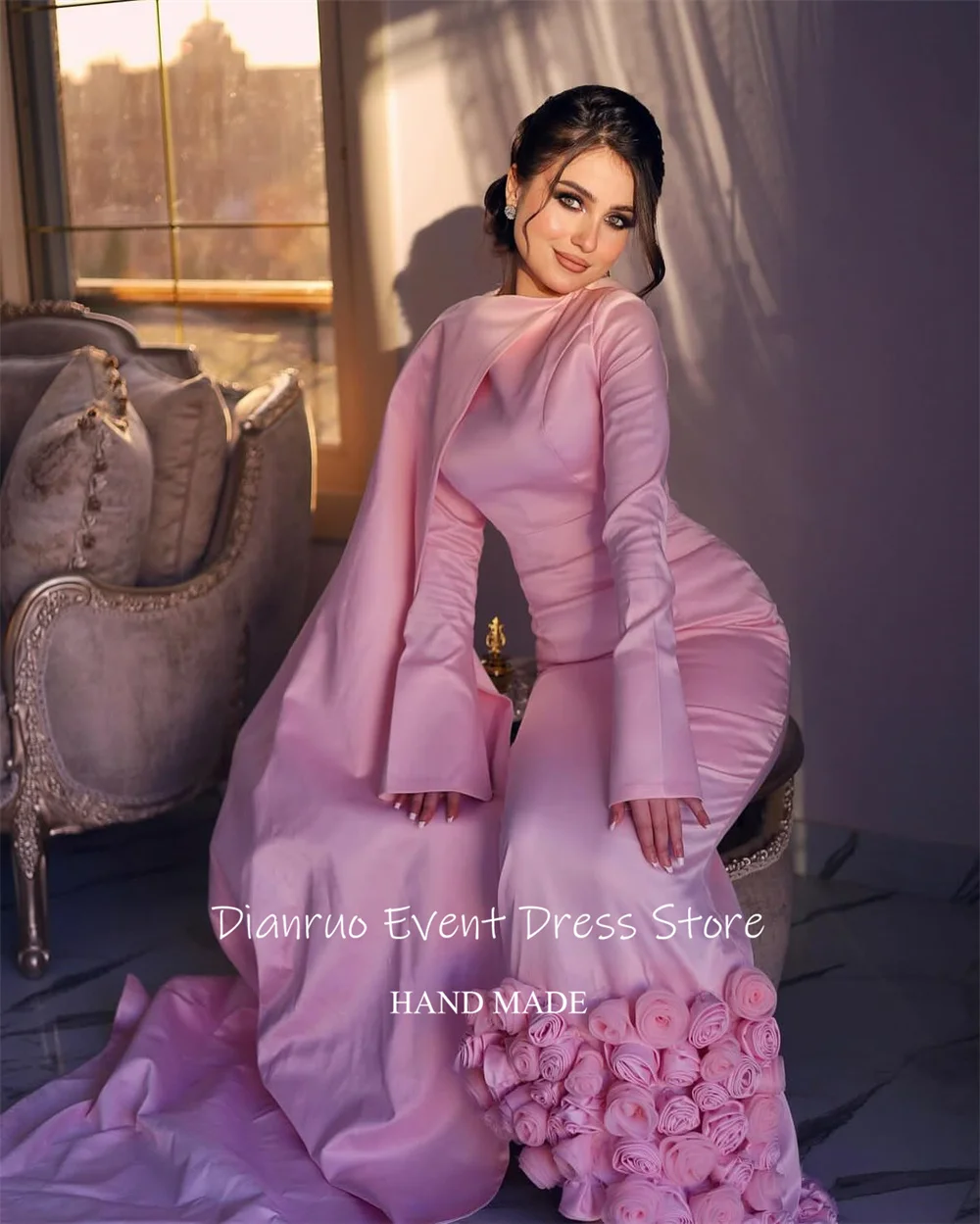 Dianruo Gaun Malam Putri Duyung Satin Merah Muda Terbungkus Bunga 3D Jubah De Soirée Asimetris Indah Vestido De Fiesta Disesuaikan