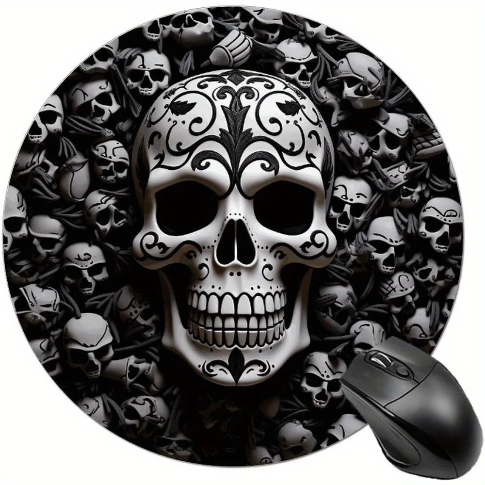 

Black white skull design game mousepad anti-slip rubber base circular rubber anti-slip washable high-quality computer accessory