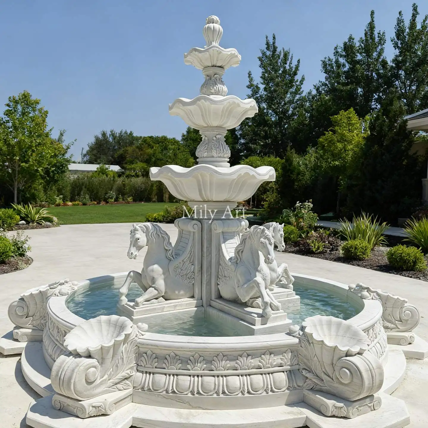 MILY Custom White Marble Horse Statue Fountain for Outdoor Courtyard & Villa Garden Landscape Decoration