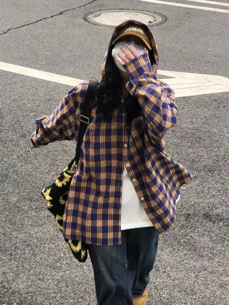 HOUZHOU Women Plaid Hooded Shirts Vintage Y2k Oversized Harajuku Long Sleeve American Style Checked Blouses Casual Streetwear