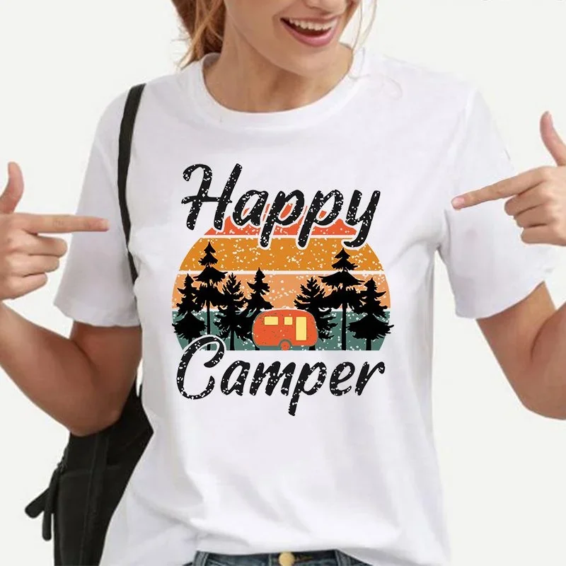 New Happy Camper Print T-Shirt Men Women Fashion Short Sleeve Casual Summer Tops Tees Women Clothes