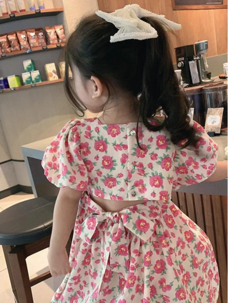 

Summer Red Bow Floral Dress Lolita Child Girls Casual Midi Dress Children Dresses For Teens Party Princess Sundress