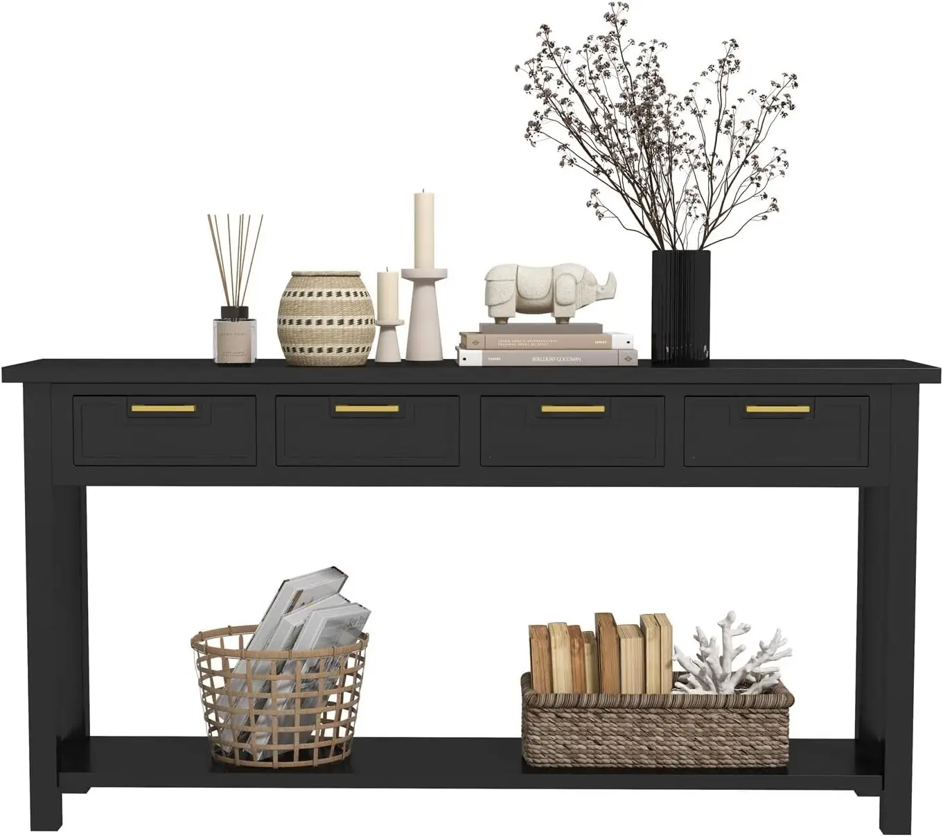 Black Entryway Table 60 Inch - Console Table With 4 Drawers And Open Storage Shelf, Narrow Long Sofa Table For Living Room