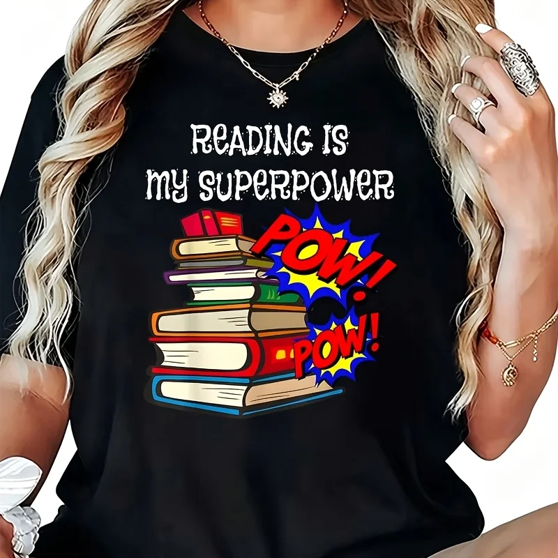 Reading Is My Super Power Superhero Best English Teacher Women's T-Shirt 100% Cotton Funny Graphic Short Sleeve Tee Novelty Shirt Casual Crew Neck Top S-5XL