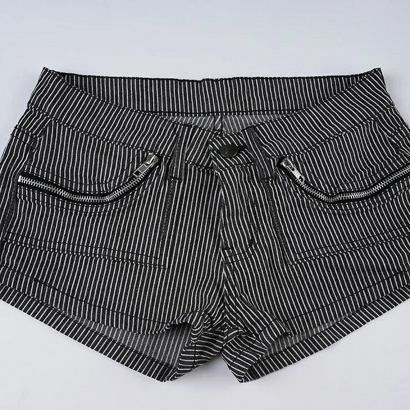 

Low Waist Y2k Spice Girl Style Striped Jeans Shorts Women Design Sense Zipper Splicing Sexy Tight Elastic Hot Pants