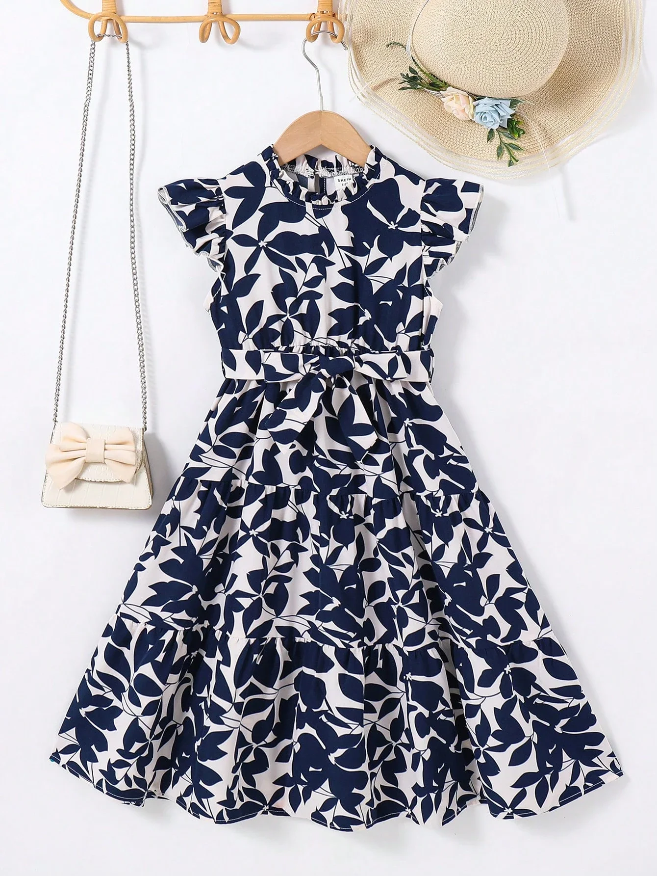 

Floral Print Stand Collar Ruffle Sleeveless Tiered Midi Dress For Women
