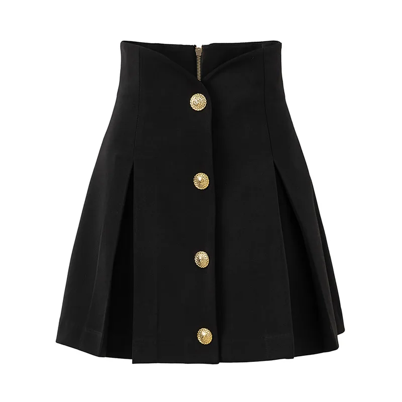 Vintage Gold Button Women Skirt Elegant Sexy Black Pleated Skirt 71908