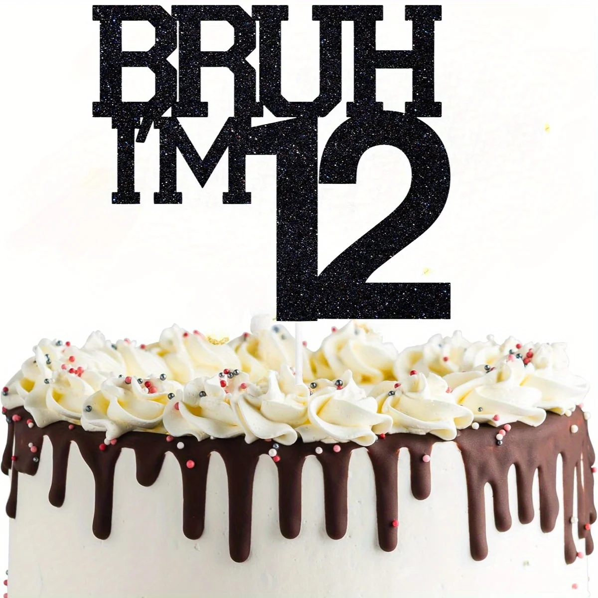 1 Stück Schwarzer „Bruh I'm 12“ Kuchenaufsatz, Alles Gute zum 12. Geburtstag/Bro I'm 12, Lustige 12. Geburtstagsparty-Dekorationen – Detail 1