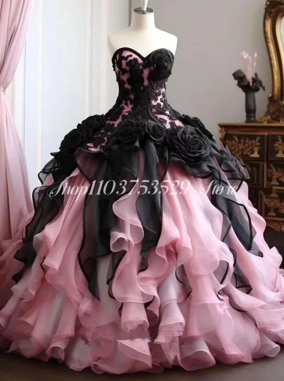 Pink Princess Fairy Prom Dresses Sweetheart Corset Lace-up Rose Floral Applique Evening Gown Masquerade vestido formatura