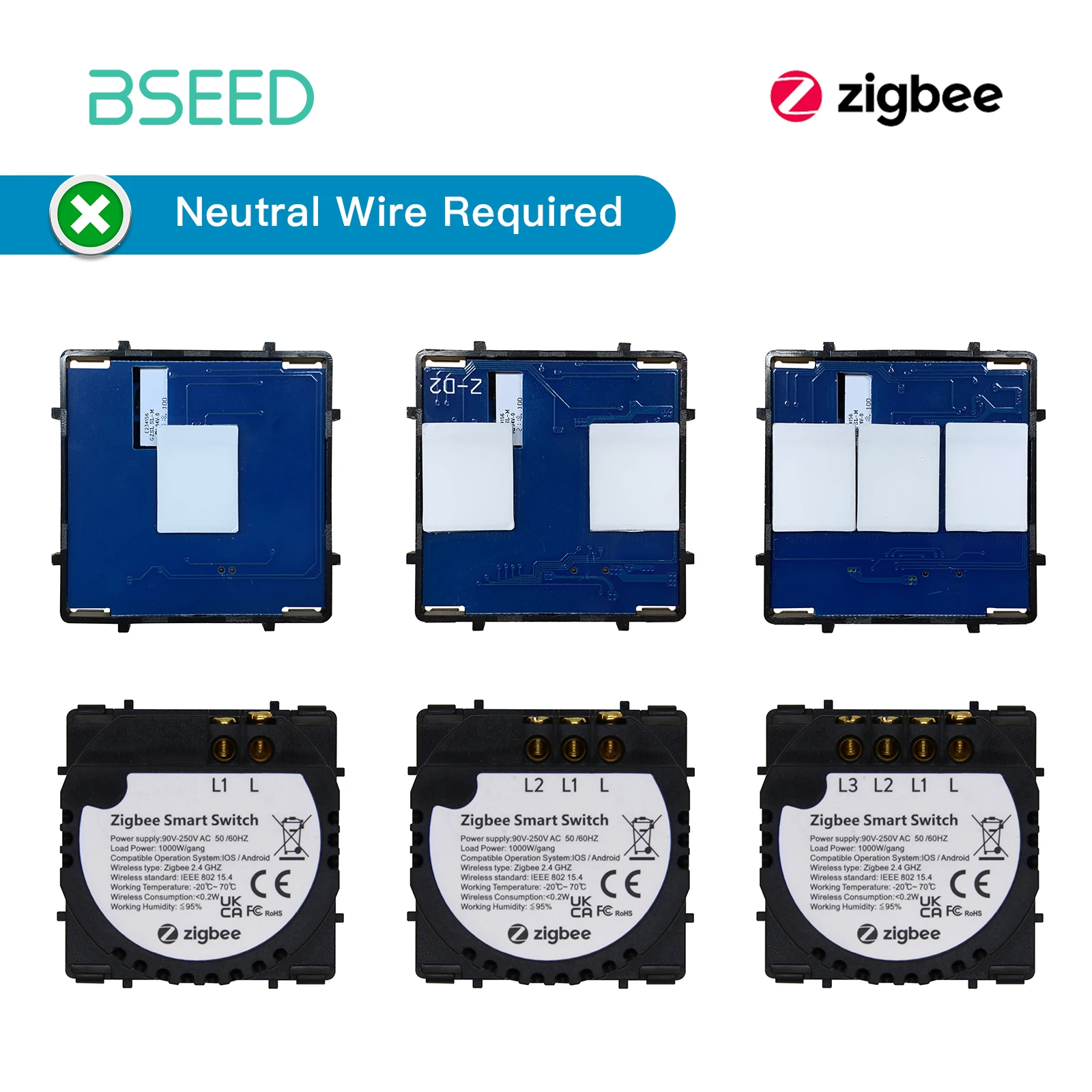 BSEED Zigbee Smart Switch 1/2/3Gang Touch Light Switch Function Part Smart Home Tuya Alexa Control Without Glass Panel