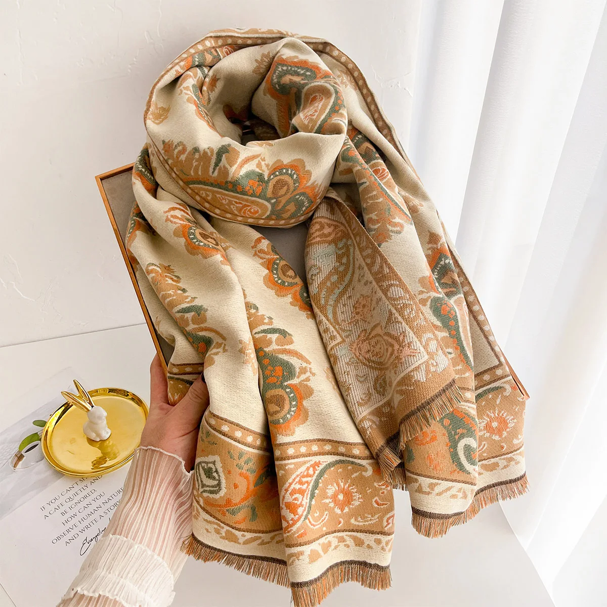 Fall Winter Ladies Imitation Cashmere Long Shawl Retro Classic Paisley Motif Ornate Border Print Delicate Tassel Fringe