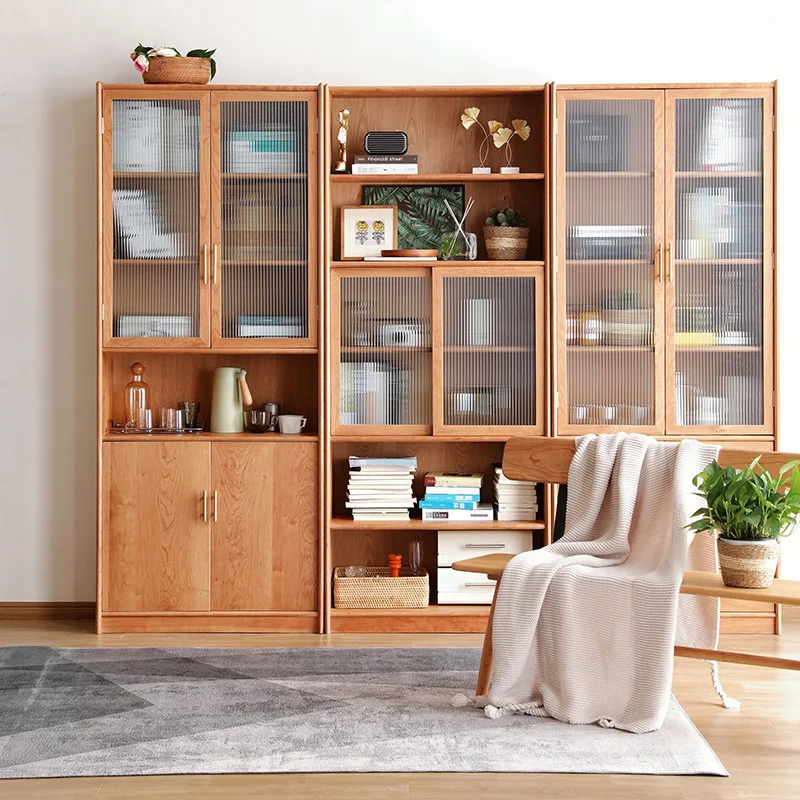Solid wood bookcase combination, living room bookshelf, storage rack, home display cabinet, study room, cherry wood storage cabi