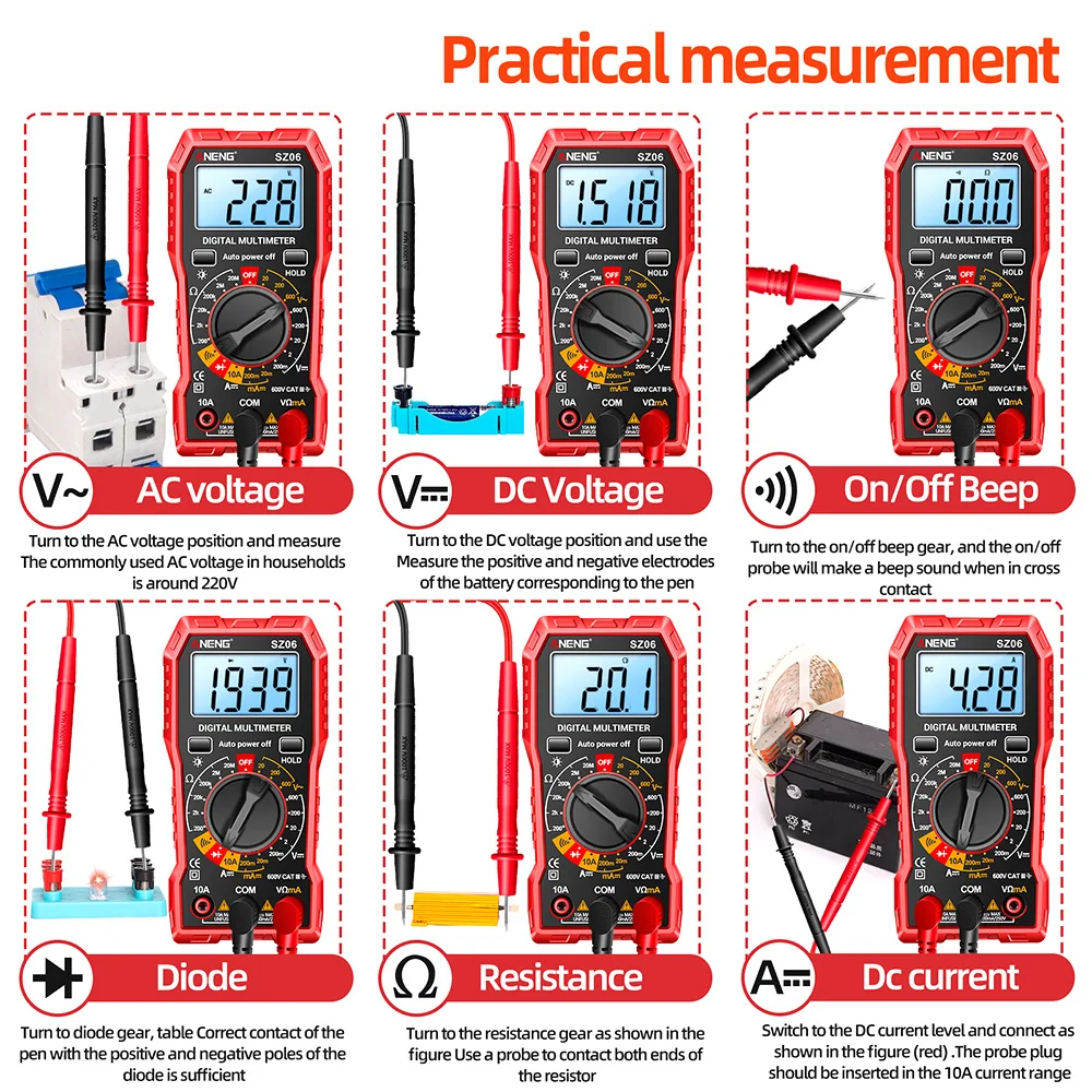 SZ06 LCD Screen Digital Multimeter 2000 Count Storage Professional Meter Voltage Current Ohm Tester AC/DC Ammeter Voltmeter