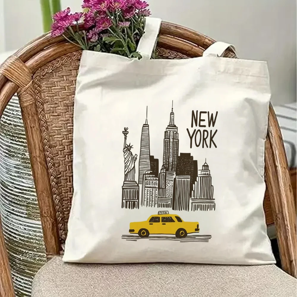 

Retro New York Canvas Tote Bag Statue Of Liberty Empire State Yellow Taxi Print Reusable City Travel Shoulder Handbag Purse