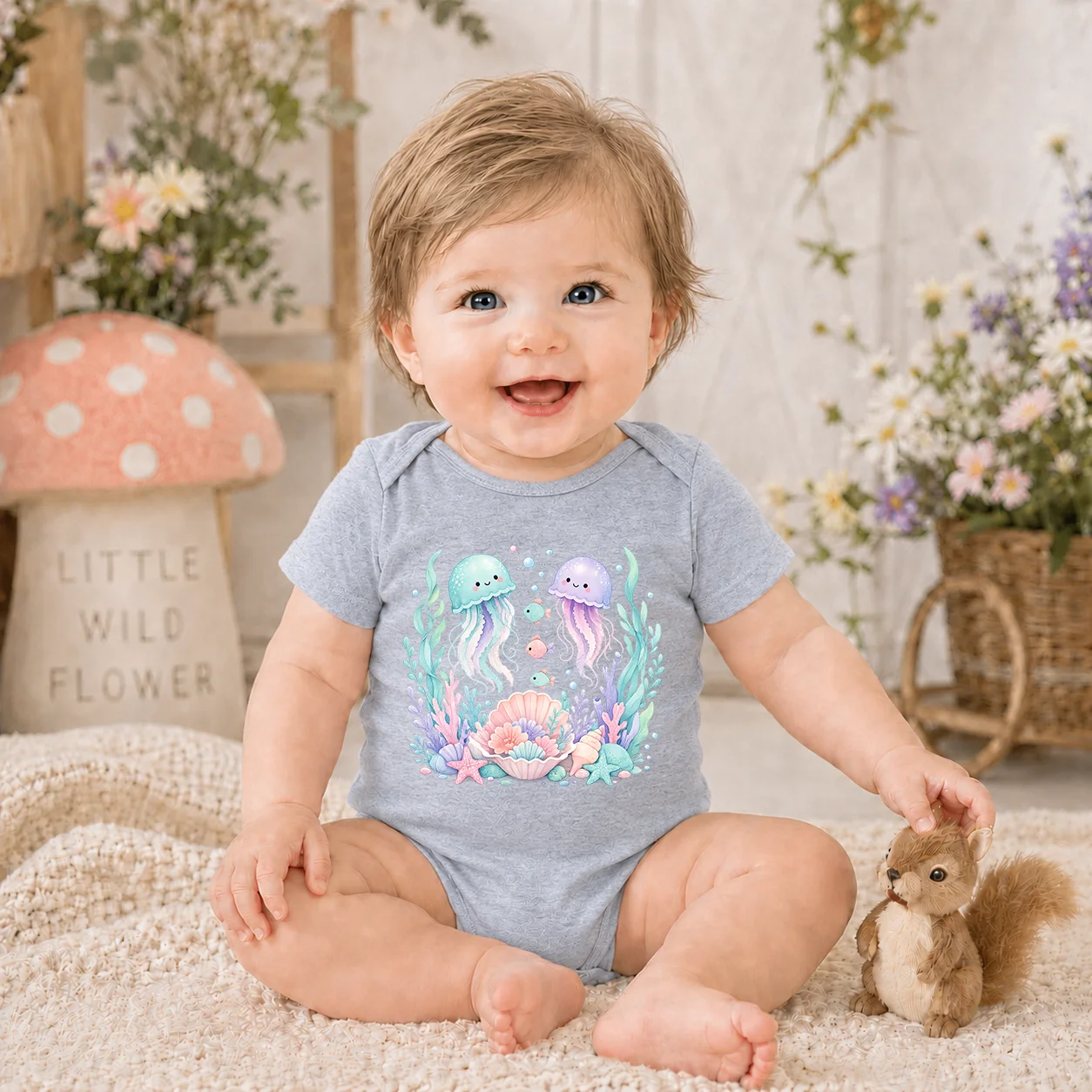 Cute Jellyfish Ocean Print Baby Bodysuit Short Sleeve Cotton Newborn Romper Infant Boys Girls Summer Jumpsuit Underwater World B