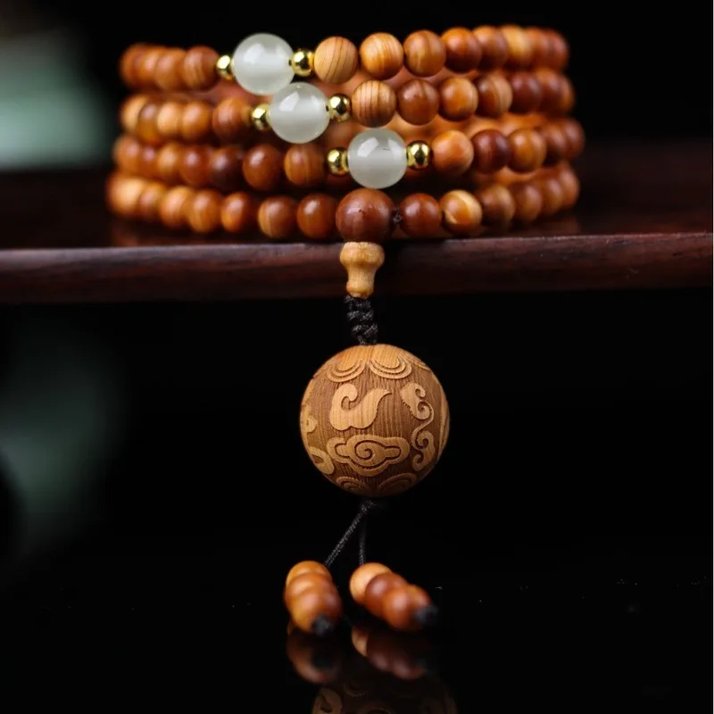 Taihang cypress hand-held aged material bracelet paired with moonstone carved auspicious cloud beads, multi-loop design for men